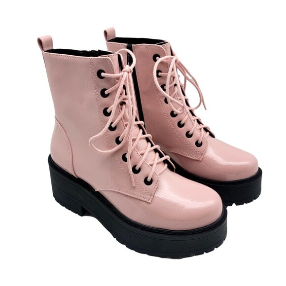 Fling Pink Combat Boots On Chunky Platform with Lug Soles and Side Zipper - Picture 2 of 7